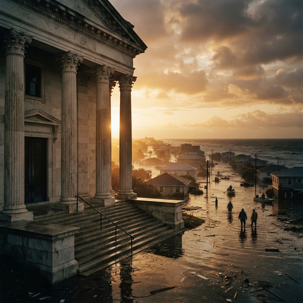 Climate Justice Counsel — a neoclassical courthouse overlooking a coastal community affected by rising floodwaters